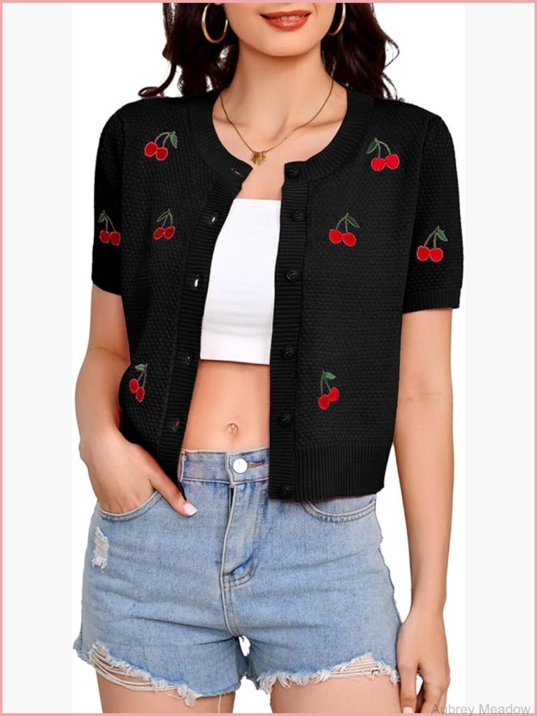 Women's Cropped Short Sleeve Cardigan With Floral Embroidery Knit Shrugs